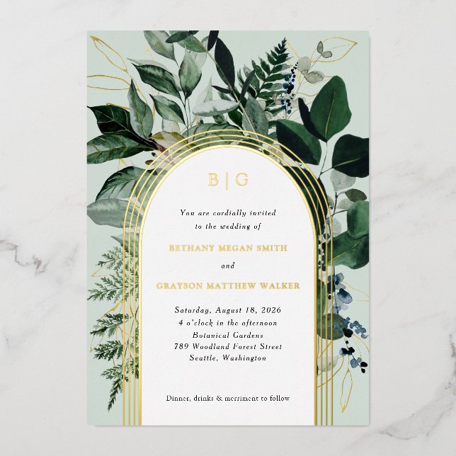 Invitación Con Relieve Metalizado Boda de arco moderno botánico de jardín (Anverso)