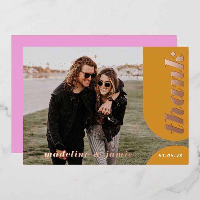 Invitación Con Relieve Metalizado Boda de arco retro amarillo rosado moderno gracias (Anverso/Reverso)