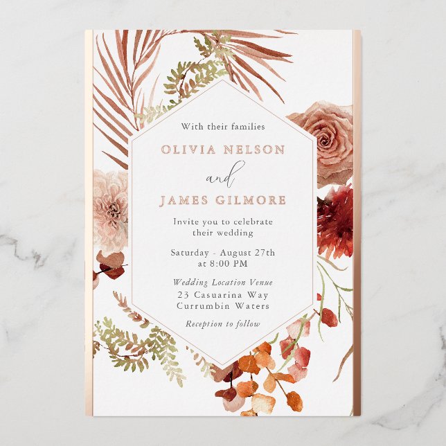 Invitación Con Relieve Metalizado Boda de armazón floral bohemio Rosa de oro (Anverso)