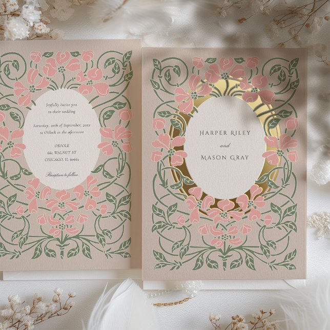 Invitación Con Relieve Metalizado Boda de Art Nouveau de amor floreciente (Subido por el creador)