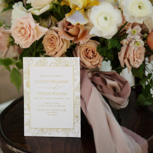 Invitación Con Relieve Metalizado Boda de Arte de Línea Floral con Hoja de Oro Real