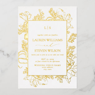Invitación Con Relieve Metalizado Boda de Arte de Línea Floral con Monograma de Oro 