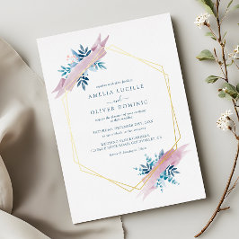 Invitación Con Relieve Metalizado Boda de azul polvoriento con vegetación en acuarel