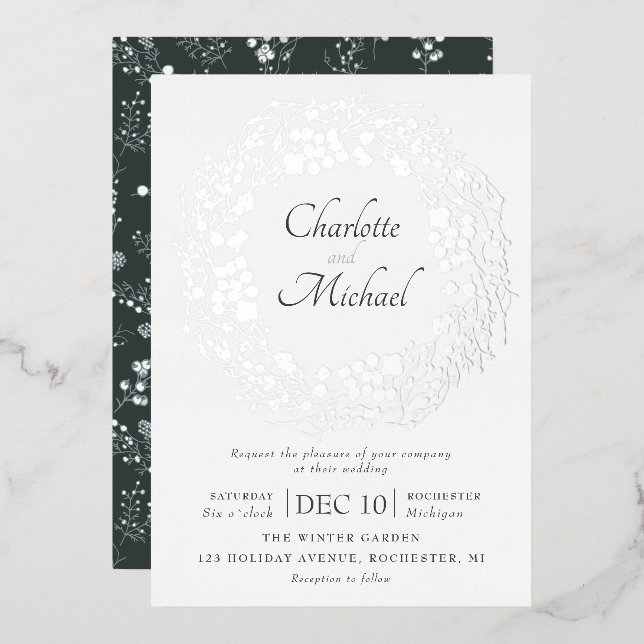 Invitación Con Relieve Metalizado Boda de bayas de invierno de plata (Anverso/Reverso)