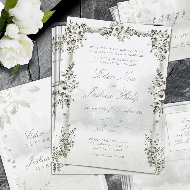 Invitación Con Relieve Metalizado Boda de Birch Tree Forest Chuppah (Birch Tree Forest Chuppah Wedding Silver Foil Invitation. RSVP and envelope sold separately.)