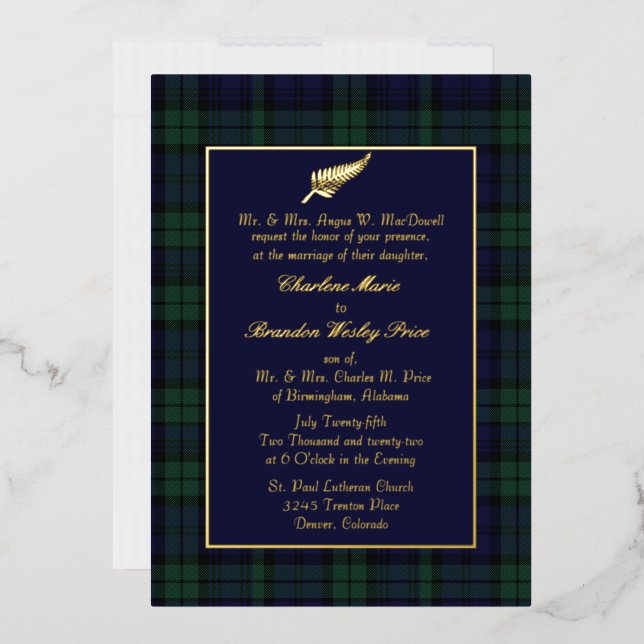 Invitación Con Relieve Metalizado Boda de Black Watch Tartan Plaid (Sobre)