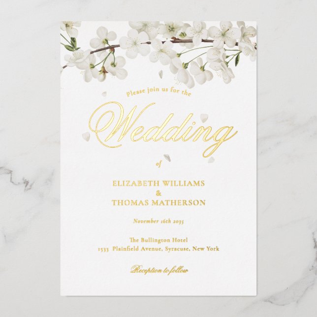 Invitación Con Relieve Metalizado Boda de Blossom Blanco Elegante Script Gold (Anverso)