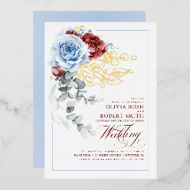 Invitación Con Relieve Metalizado Boda de Boho Floral Rojo Azul y Borgoña