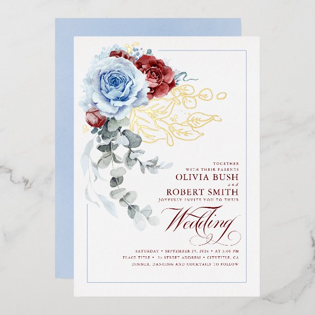 Invitación Con Relieve Metalizado Boda de Boho Floral Rojo Azul y Borgoña (Anverso/Reverso)