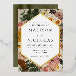 Invitación Con Relieve Metalizado Boda de Boho Otoño Floral Marco Geométrico