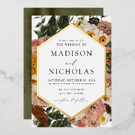 Invitación Con Relieve Metalizado Boda de Boho Otoño Floral Marco Geométrico