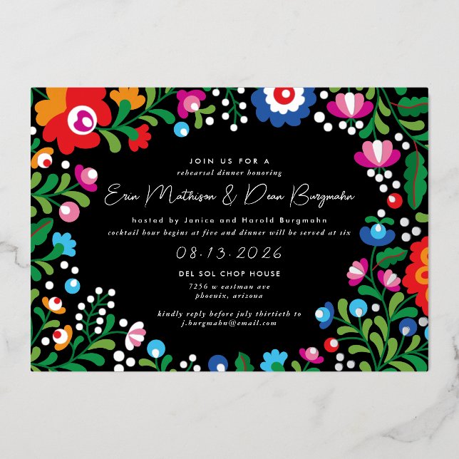 Invitación Con Relieve Metalizado Boda de bordado mexicano de plata cena (Anverso)