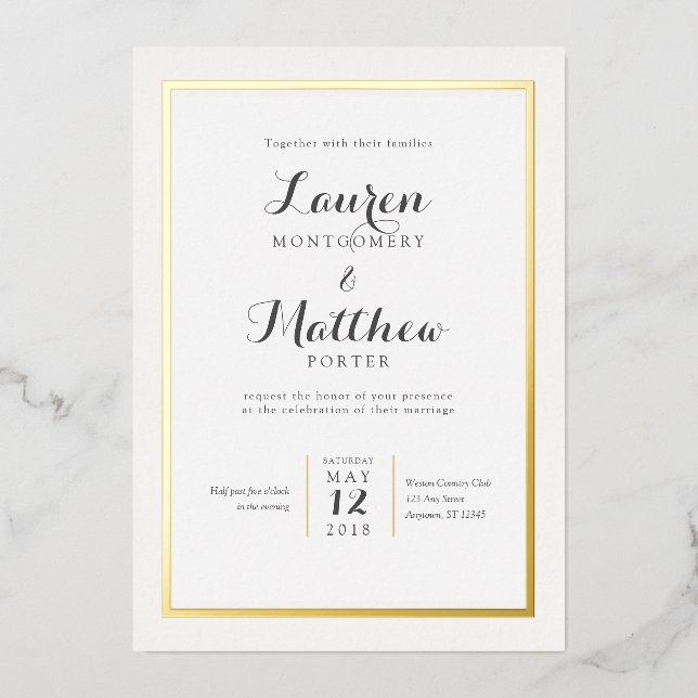 Invitación Con Relieve Metalizado Boda de borde clásico elegante y moderno (Anverso)