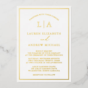 Invitación Con Relieve Metalizado Boda de borde de monograma de lámina dorada románt
