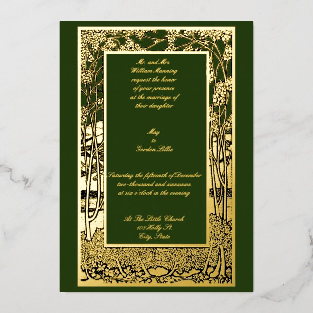 Invitación Con Relieve Metalizado Boda de borde del follaje del árbol de artesanías  (Anverso)