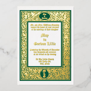 Invitación Con Relieve Metalizado Boda de borde floral y follaje elegante