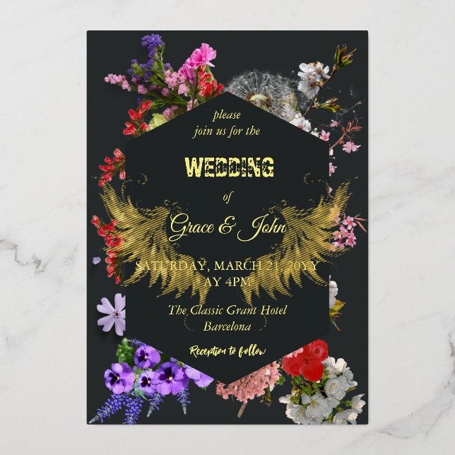 Invitación Con Relieve Metalizado Boda de borde geométrico florístico romántico (Anverso)