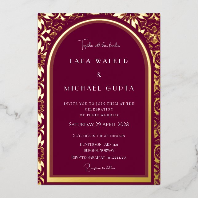 Invitación Con Relieve Metalizado Boda de Borgoña (Retro-Dotted) (Anverso)