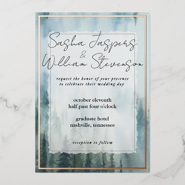 Invitación Con Relieve Metalizado Boda de Bosques Rústicos Misty (Anverso)