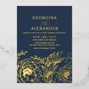 Invitación Con Relieve Metalizado Boda de Botánicos Dorados y Azul Marino Moderno y
