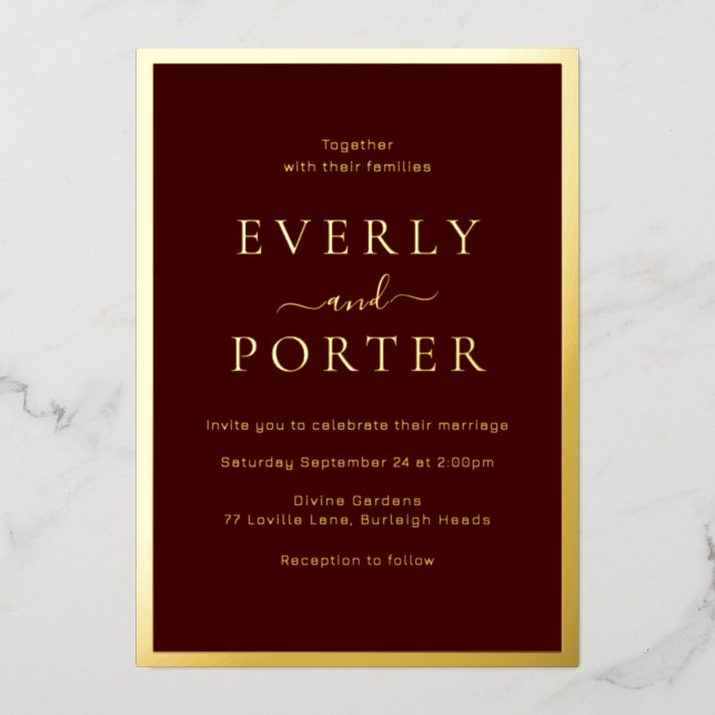 Invitación Con Relieve Metalizado Boda de Burgundy & Gold Elegance Golden (Anverso)