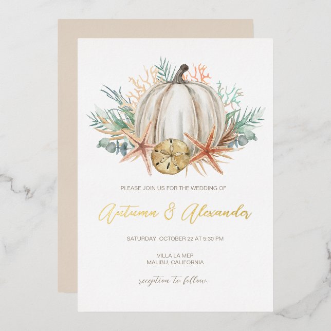 Invitación Con Relieve Metalizado Boda de calabaza de otoño costera y conchas marina (Anverso/Reverso)