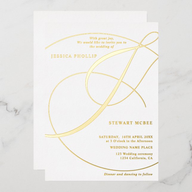 Invitación Con Relieve Metalizado Boda de caligrafía blanca y ancho de banda (Anverso/Reverso)