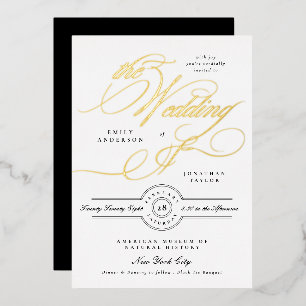 Invitación Con Relieve Metalizado Boda de Caligrafía Clásica en Oro