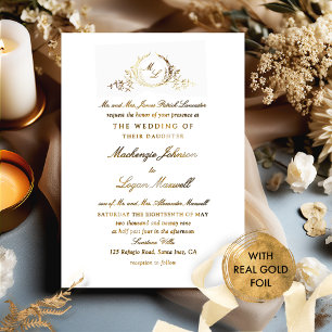 Invitación Con Relieve Metalizado Boda de Caligrafía con Monograma Formal de Oro Rea