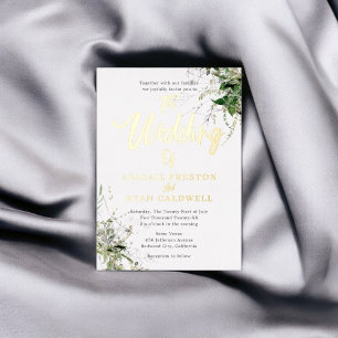 Invitación Con Relieve Metalizado Boda de Caligrafía con Pincel de Vegetación