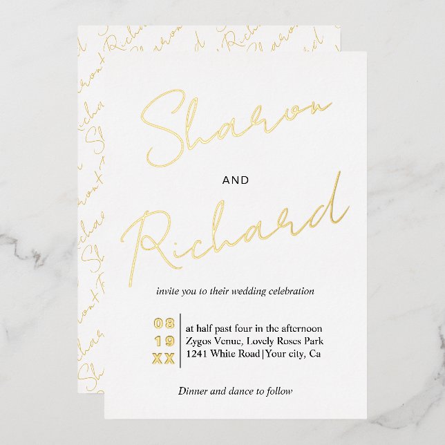 Invitación Con Relieve Metalizado Boda de caligrafía de escritura moderna oro (Anverso/Reverso)