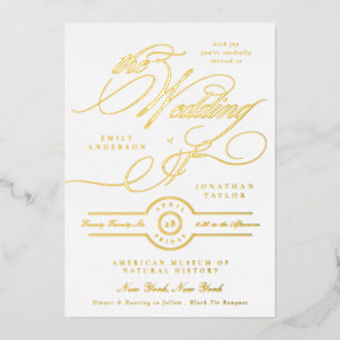 Invitación Con Relieve Metalizado Boda de caligrafía de oro elegante azul de la Mari