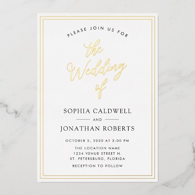 Invitación Con Relieve Metalizado Boda de caligrafía de oro real todo en uno (Anverso)