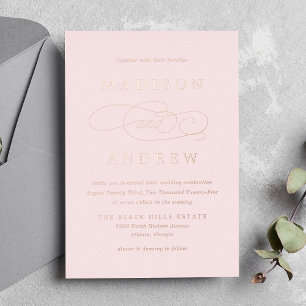 Invitación Con Relieve Metalizado Boda de caligrafía de oro rosa y Rosa de Rubor