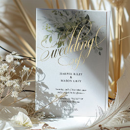 Invitación Con Relieve Metalizado Boda de caligrafía de oro verde elegante guión ele