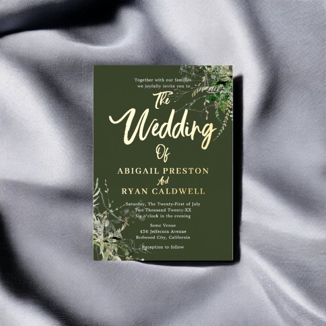 Invitación Con Relieve Metalizado Boda de caligrafía de pincel de verde (Subido por el creador)