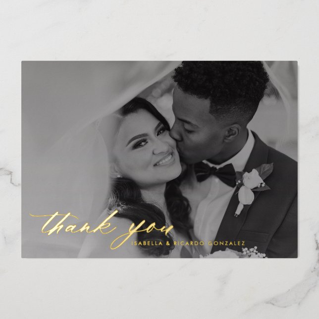 Invitación Con Relieve Metalizado Boda de caligrafía elegante foto gracias a ti real (Anverso)