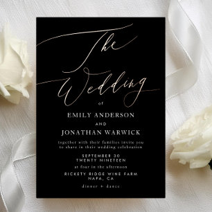 Invitación Con Relieve Metalizado Boda de Caligrafía en Oro Rosa Negro Moderno
