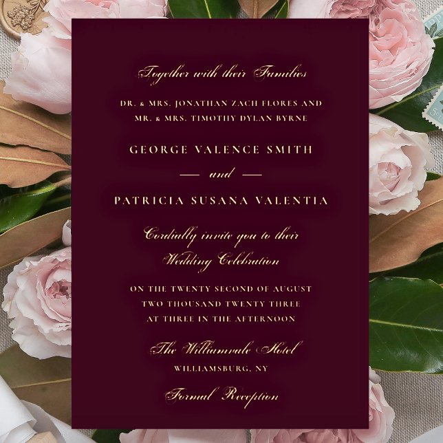 Invitación Con Relieve Metalizado Boda de caligrafía formal Gold Plum Maroon (Subido por el creador)