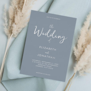 Invitación Con Relieve Metalizado Boda de Caligrafía Minimalista en Azul Polvoriento