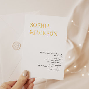 Invitación Con Relieve Metalizado Boda de Caligrafía Minimalista Moderna con Oro Rea