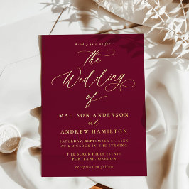 Invitación Con Relieve Metalizado Boda de caligrafía moderna de Borgoña y Oro