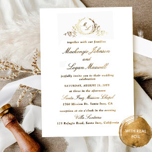 Invitación Con Relieve Metalizado Boda de Caligrafía Monograma Chic con Hoja de Oro 