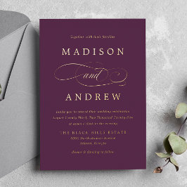 Invitación Con Relieve Metalizado Boda de Caligrafía Morada y Dorada Querida