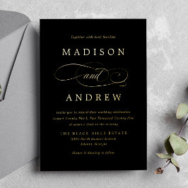 Invitación Con Relieve Metalizado Boda de Caligrafía Negra y Dorada Querida