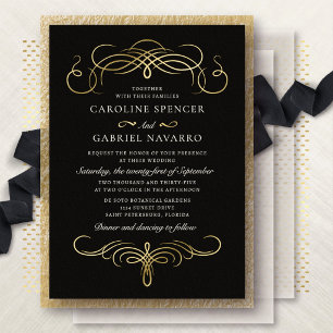 Invitación Con Relieve Metalizado Boda de Caligrafía Tradicional del Viejo Mundo