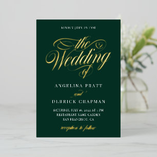 Invitación Con Relieve Metalizado Boda de caligrafía verde esmeralda de Relieve meta