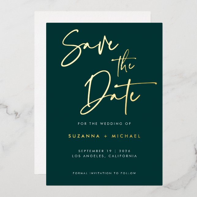 Invitación Con Relieve Metalizado Boda de caligrafía verde esmeralda moderna Save Da (Anverso/Reverso)