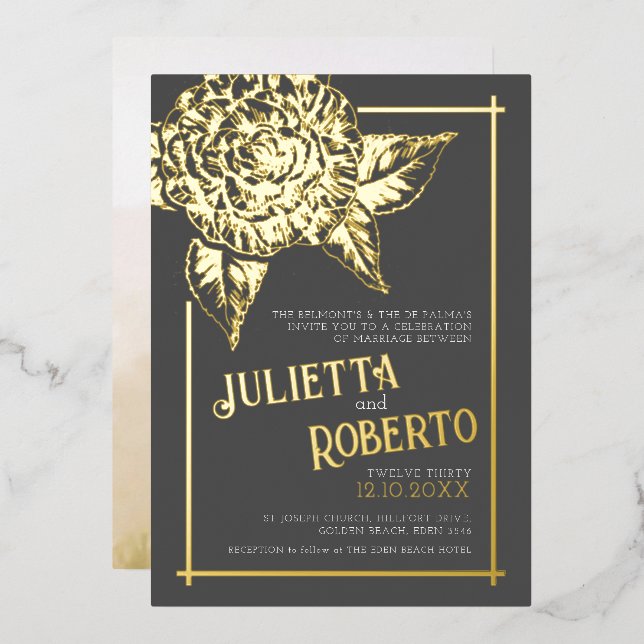 Invitación Con Relieve Metalizado Boda de camellia con tinta marrón y oro (Anverso/Reverso)
