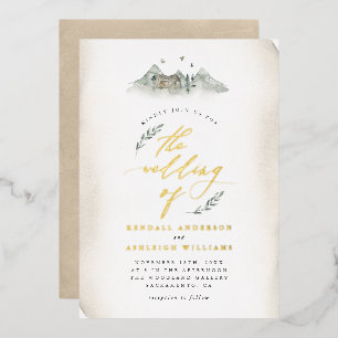 Invitación Con Relieve Metalizado Boda de Campo Marrón Aquarela Hojas y Montaña